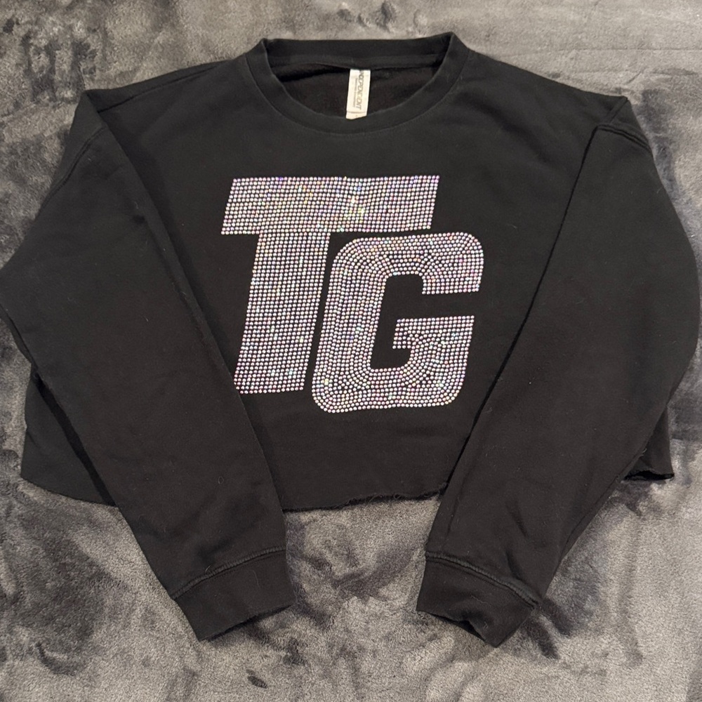 Black Cropped Sweatshirt with Rhinestone TG Logo
